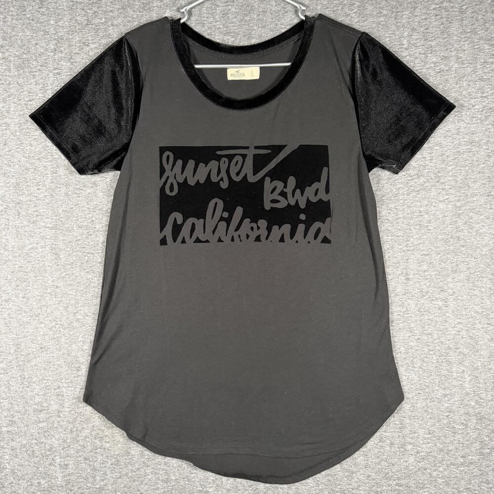 Hollister Top Womens Large Gray Black Velvet Sleeves Sunset Blvd Graphic Tee